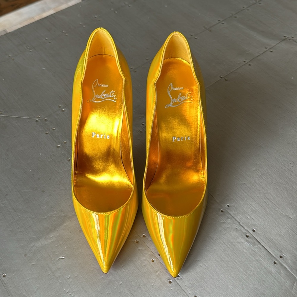 Christian Louboutin hot chick 100mm patent yellow metallic psychic sz 37 gold - Picture 3 of 12